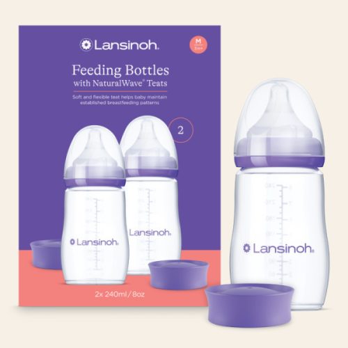 Lansinoh 2 db cumisüveg közepes folyású etetőcumival + 2 db fedéllel, 240 ml