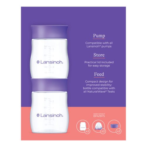 Lansinoh 2 db cumisüveg lassú folyású etetőcumival + 2 db fedéllel, 160 ml