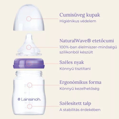 Lansinoh 2 db cumisüveg lassú folyású etetőcumival + 2 db fedéllel, 160 ml