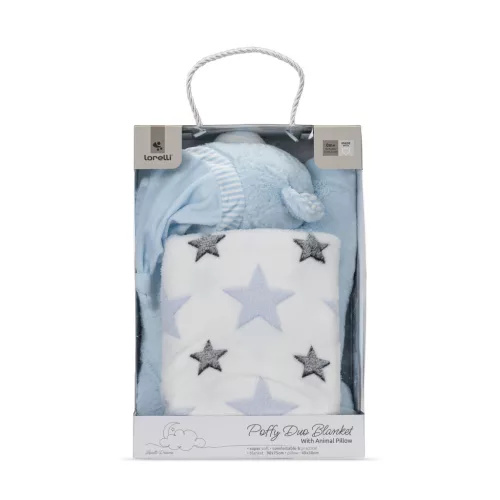 Lorelli Poffy Duo takaró 75x90 cm párnával 45x30 cm - White Blue Teddy Bear