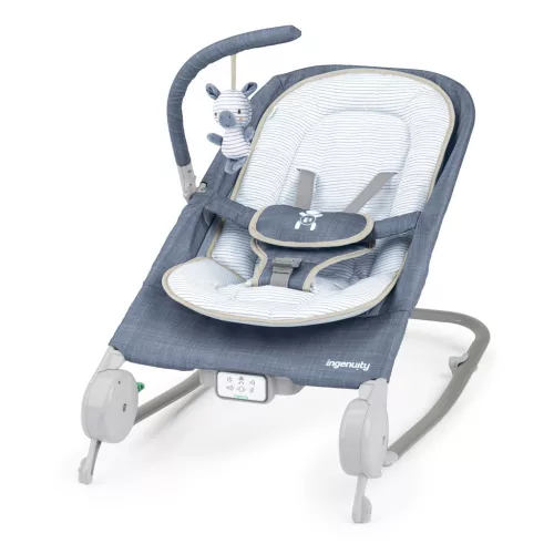INGENUITY Rezgő masszázs pihenőszék dallamokkal, Happy Belly™, Rock-to-Bounce, Chambray, 0 hó+, 9 kg-ig