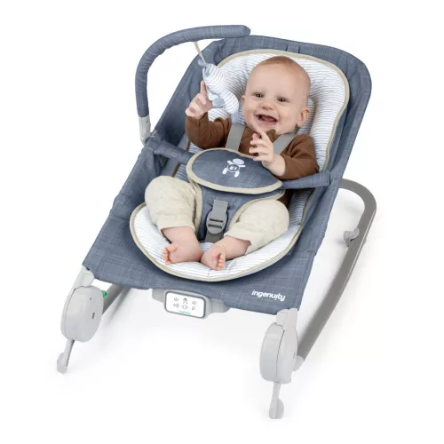 INGENUITY Rezgő masszázs pihenőszék dallamokkal, Happy Belly™, Rock-to-Bounce, Chambray, 0 hó+, 9 kg-ig