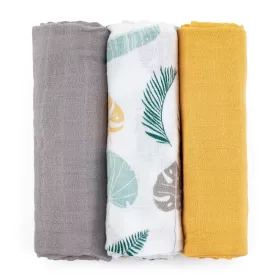   Petite&Mars Bambusz muszlin 3db-os pelenka szett, Moussy Ochre Leaves, 68 x 68 cm