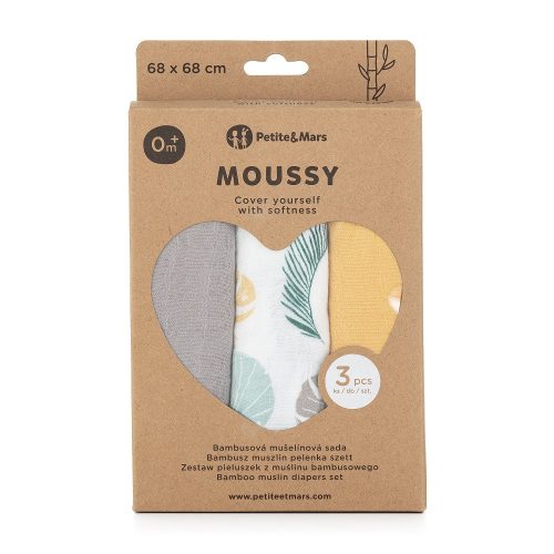 Petite&Mars Bambusz muszlin 3db-os pelenka szett, Moussy Ochre Leaves, 68 x 68 cm