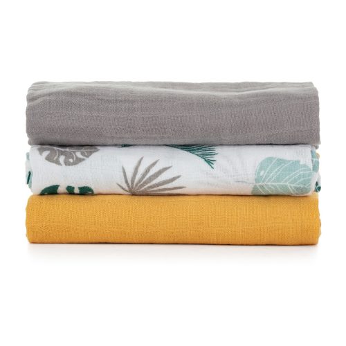 Petite&Mars Bambusz muszlin 3db-os pelenka szett, Moussy Ochre Leaves, 68 x 68 cm