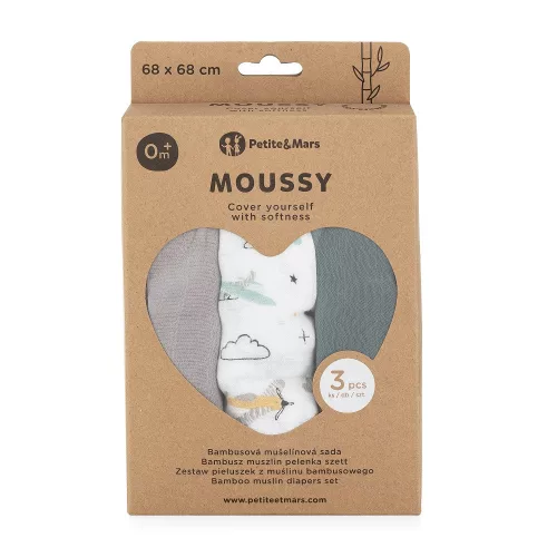 Petite&Mars Bambusz muszlin 3db-os pelenka szett Moussy Grey Planes, 68 x 68 cm