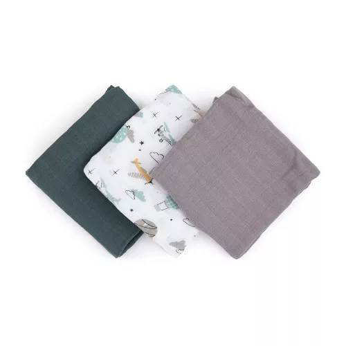 Petite&Mars Bambusz muszlin 3db-os pelenka szett Moussy Grey Planes, 68 x 68 cm