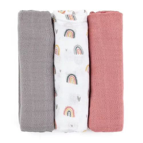 Petite&Mars Bambusz muszlin 3db-os pelenka szett, Moussy Rose Rainbows, 68 x 68 cm