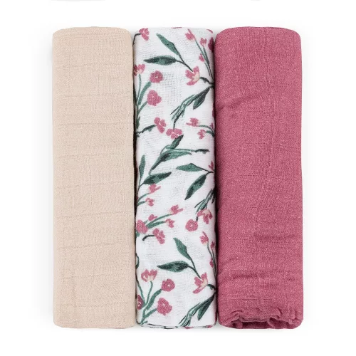 Petite&Mars Bambusz muszlin 3db-os pelenka szett Moussy Pink Meadow 68 x 68 cm