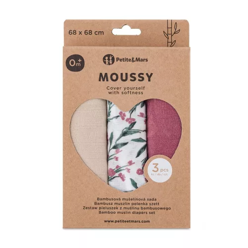 Petite&Mars Bambusz muszlin 3db-os pelenka szett Moussy Pink Meadow 68 x 68 cm