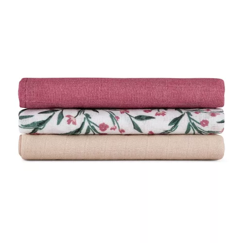 Petite&Mars Bambusz muszlin 3db-os pelenka szett Moussy Pink Meadow 68 x 68 cm