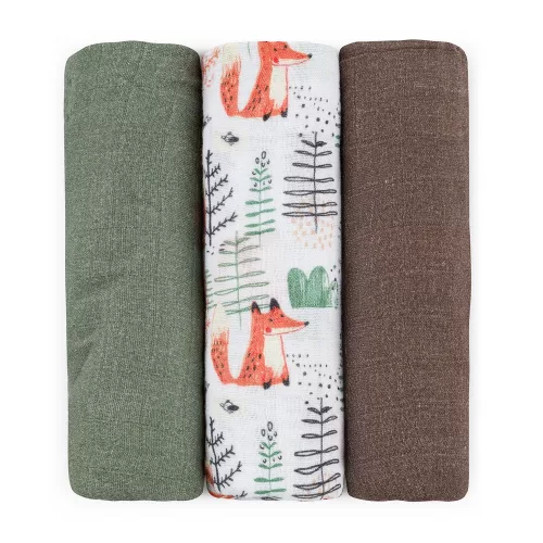 Petite&Mars Bambusz muszlin 3db-os pelenka szett Moussy Forest Fox 68 x 68 cm