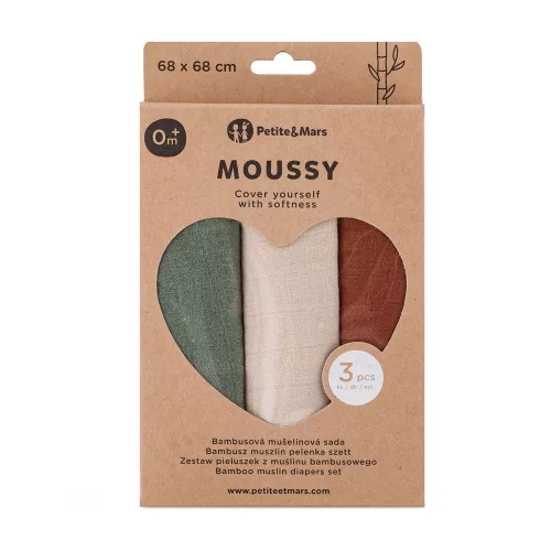 Petite&Mars Bambusz muszlin 3db-os pelenka szett Moussy Earth Tones 68 x 68 cm