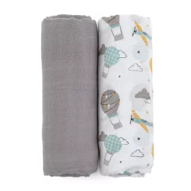   Petite&Mars Bambusz muszlin 2db-os pelenka szett, Misty Grey Planes, 120 x 120 cm