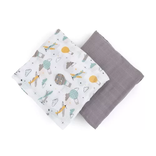 Petite&Mars Bambusz muszlin 2db-os pelenka szett, Misty Grey Planes, 120 x 120 cm