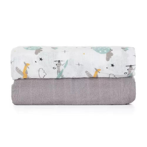Petite&Mars Bambusz muszlin 2db-os pelenka szett, Misty Grey Planes, 120 x 120 cm