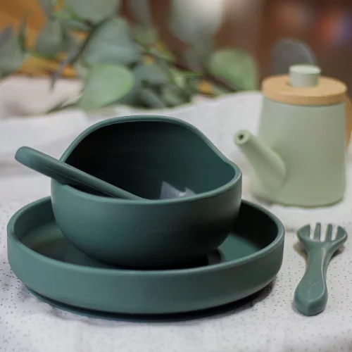 Petite&Mars Szilikon 2 részes étkészlet, tál + evőeszközök, TAKE&MATCH, 6 hó+, Misty Green