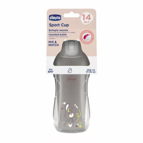 Chicco Sport Cup kulacs 266 ml duplafalú szívószálas csepegésmentes - szürke