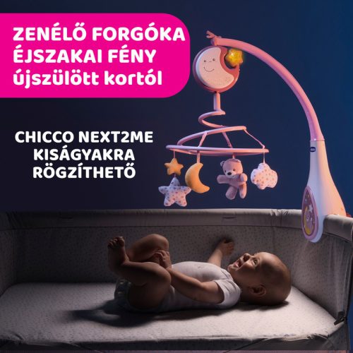 Chicco Next 2 Dreams zenélő forgóka - éjszakai fény rózsaszín