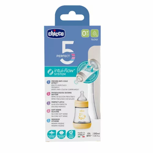 Chicco Perfect5 biofunkcionális cumisüveg 150 ml normál átfolyás - sárga