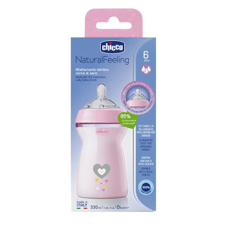Chicco NaturalFeeling mintás, műanyag cumisüveg, 330 ml, rózsaszín