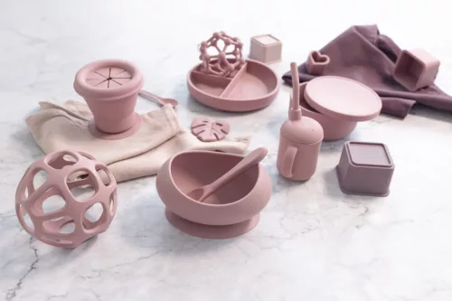 Zopa Szilikon tál tapadókoronggal és kanállal - rózsaszín Old Pink