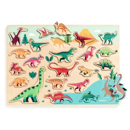 Djeco Formaillesztő formaberakó Színes dínók - Puzzlo Dino