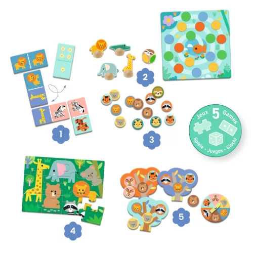Djeco Társasjáték 5 az 1-ben Vadállatok - Wild animals, 5 GAMES
