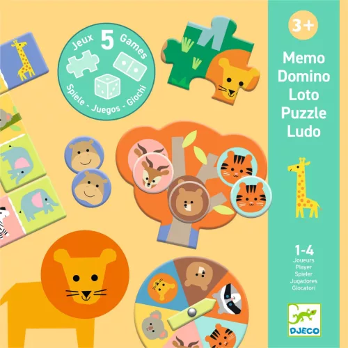 Djeco Társasjáték 5 az 1-ben Vadállatok - Wild animals, 5 GAMES