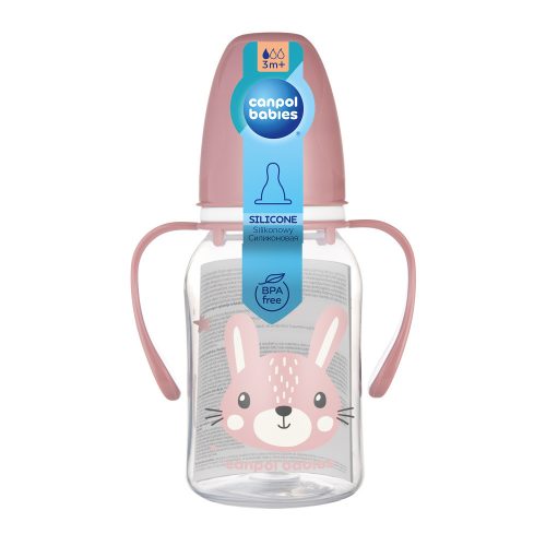 Canpol babies Keskeny nyakú cumisüveg fogantyúval, CUTE ANIMALS, 120 ml, nyuszi