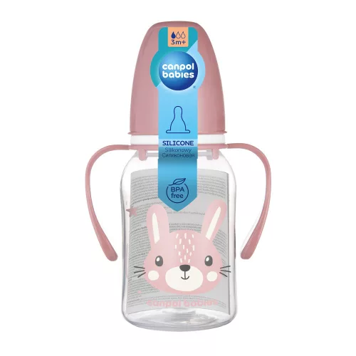 Canpol babies Keskeny nyakú cumisüveg fogantyúval, CUTE ANIMALS, 120 ml, nyuszi