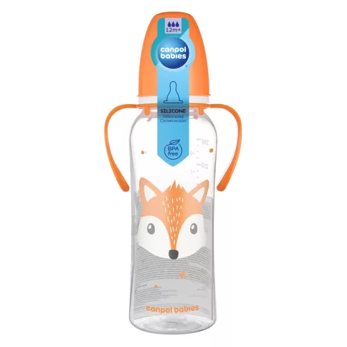 Canpol babies Keskeny nyakú cumisüveg fogantyúval, CUTE ANIMALS, 250 ml, róka
