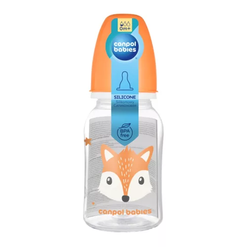 Canpol babies Keskeny nyakú cumisüveg CUTE ANIMALS 120ml - Orange