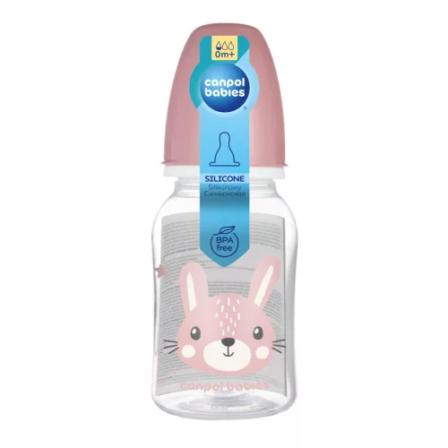Canpol babies Keskeny nyakú cumisüveg CUTE ANIMALS 120ml - Pink