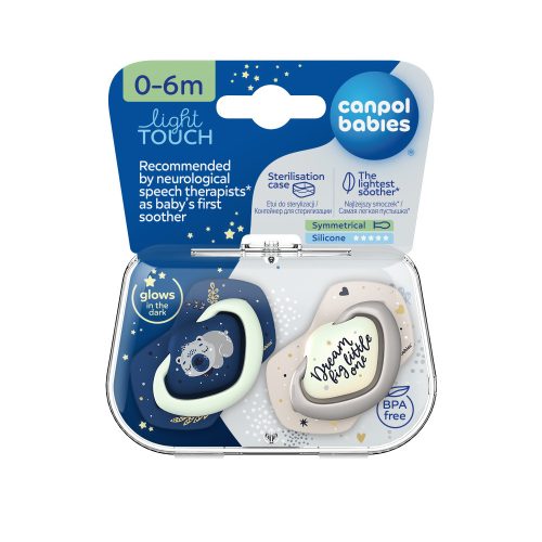 Canpol babies Sötétben világító, szimmetrikus szilikoncumi-készlet, Light touch, 0-6hó, SLEEPY KOALA, 2 db