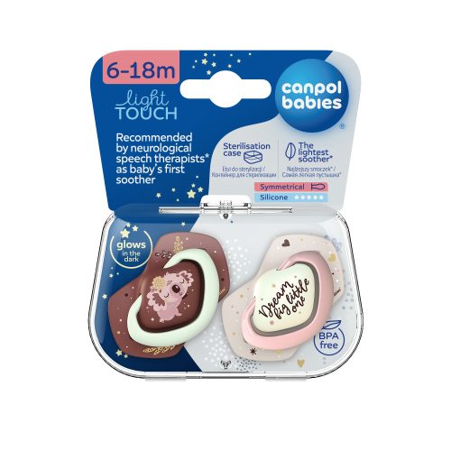 Canpol babies Sötétben világító, szimmetrikus szilikoncumi-készlet, Light touch, 6-18hó, SLEEPY KOALA, 2 db