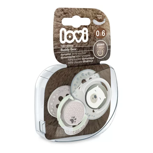 LOVI Világító Dinamikus nyugtató cumi BUDDY BEAR 0-6hó 2db