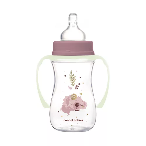 Canpol babies Anti-kólikás cumisüveg, világító fogantyúval, EasyStart, SLEEPY KOALA, 240 ml - pink