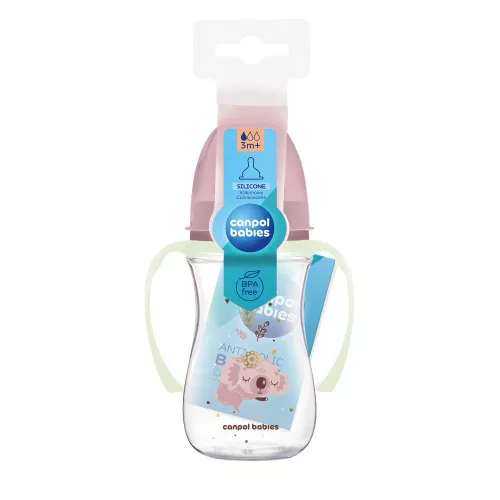 Canpol babies Anti-kólikás cumisüveg, világító fogantyúval, EasyStart, SLEEPY KOALA, 240 ml - pink