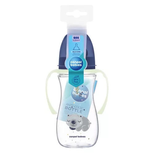 Canpol babies Anti-kólikás cumisüveg, világító fogantyúval, EasyStart, SLEEPY KOALA, 300 ml - kék