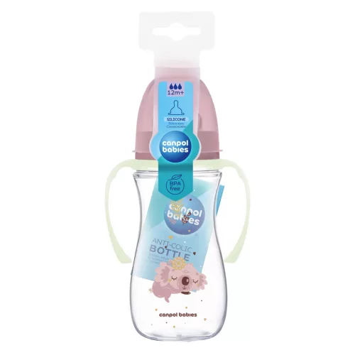 Canpol babies Anti-kólikás cumisüveg, világító fogantyúval, EasyStart, SLEEPY KOALA, 300 ml - pink