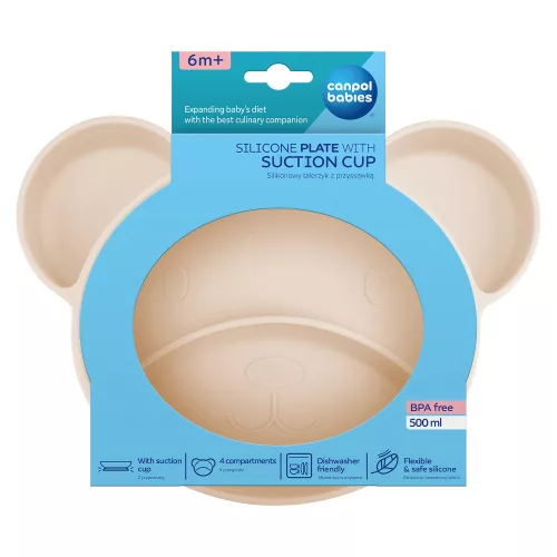 Canpol babies Szilikon osztott tányér, tapadókoronggal, Mackó - krémszín