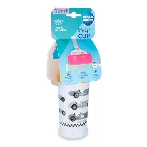 Canpol babies Sport itatópohár, cseppmentes szilikon szívószállal, 350 ml, RACING - világoskék