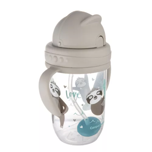 Canpol babies Súlyozott szívószálas cseppmentes itatópohár, 270ml, 6hó+, EXOTIC ANIMALS - szürke