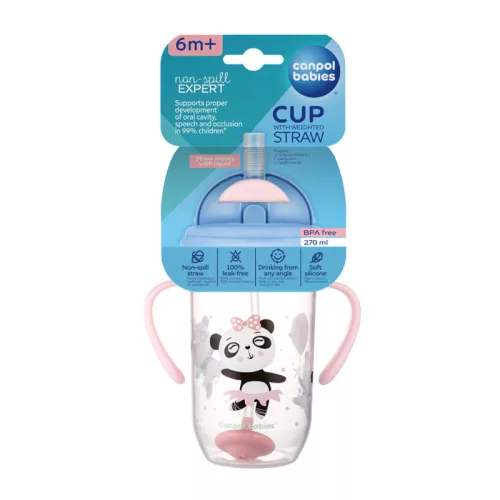 Canpol babies Súlyozott szívószálas cseppmentes itatópohár, 270ml, 6hó+, EXOTIC ANIMALS - pink