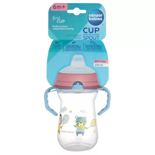Canpol babies Itatópohár szilikonos ivócsőrrel, FirstCup, 250 ml, Bonjour Paris - kék
