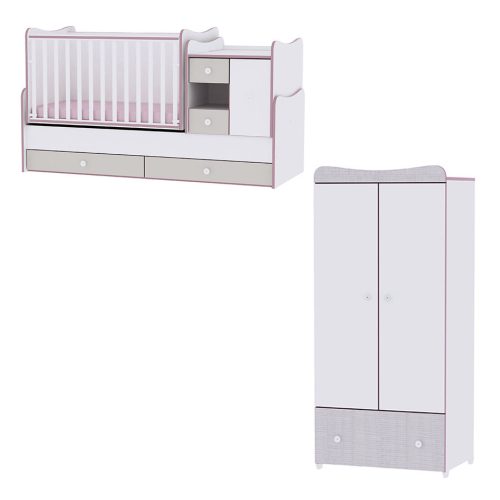 Lorelli MiniMax kombi ágy 72x190 + Exclusive szekrény - White & Pink Crossline