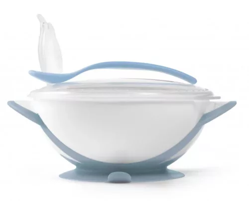 BabyOno Tányér, tapadó aljú, fedeles, kanállal, kék, 1063/05