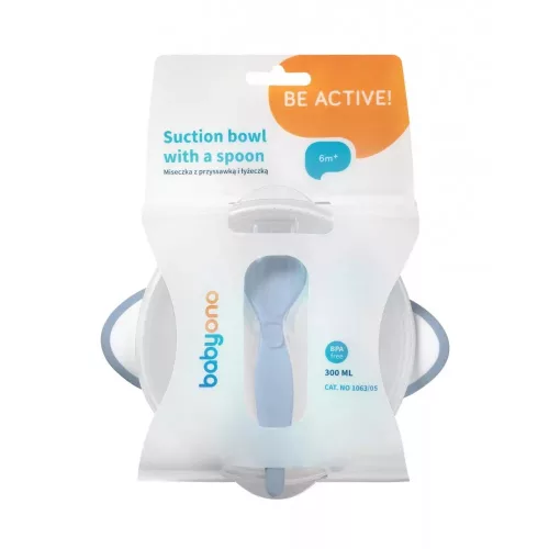 BabyOno Tányér, tapadó aljú, fedeles, kanállal, kék, 1063/05