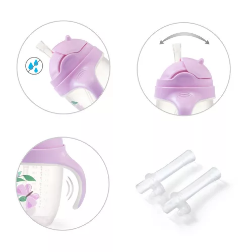 BabyOno Itatópohár szívószállal, füllel, 240 ml, lila, 1464/05